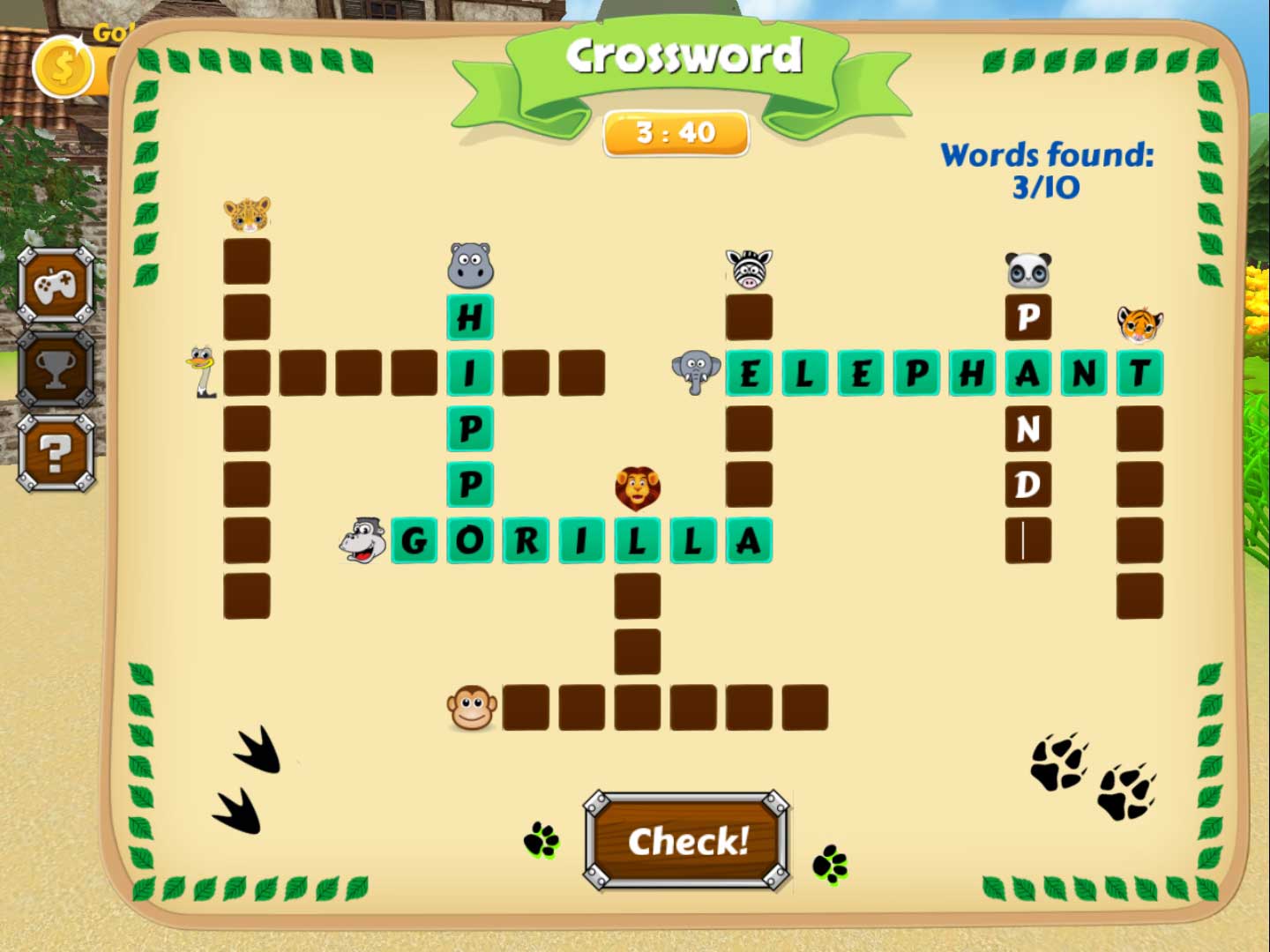 Mission 5: Complete the animal crossword. By clicking on an animal's head you can hear its sound.