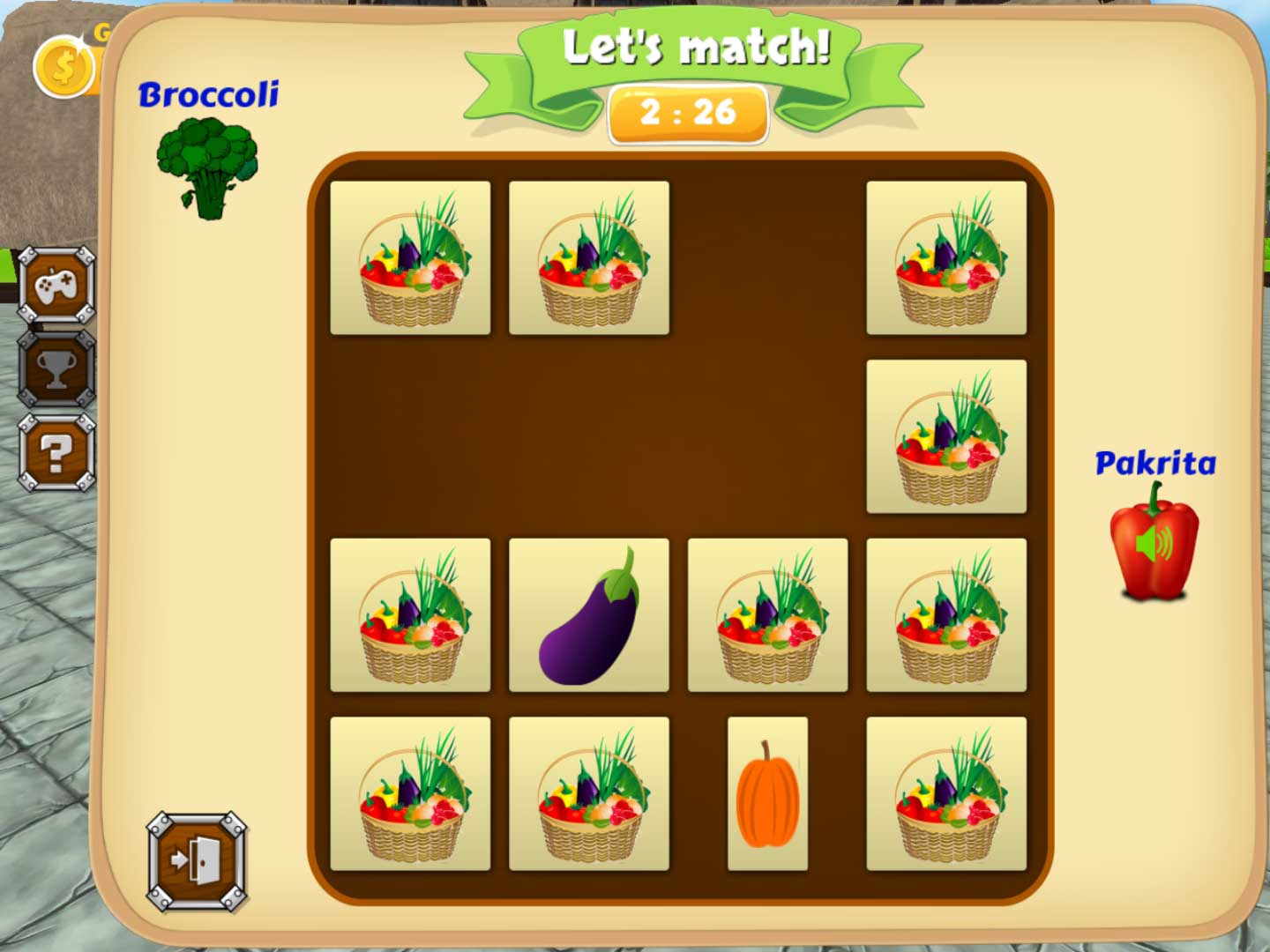 Mission 6: Match the fruit and vegetable cards. By clicking on a found item you can hear its name.